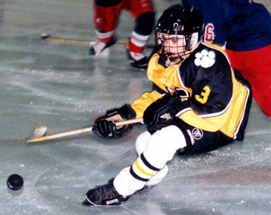 Jared Lavender knocks the puck away from an Erie McDowell Trojan.