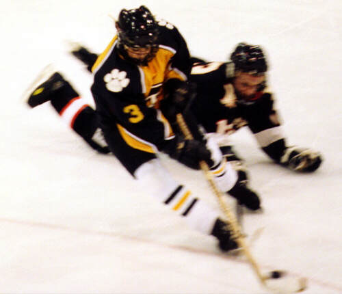 Jared Lavender removes the puck from the grasp of a North Olmsted Eagle.